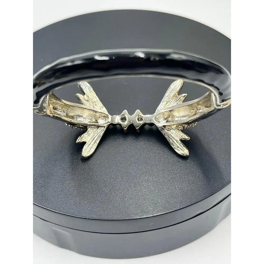 Rhinestone‎ Pave Bumblebee Black Enamel Gold Hinged Cuff Large Vintage